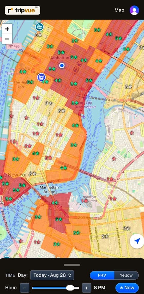 The tripvue map showing NYC demand zones and per-zone odds stars for 8 PM