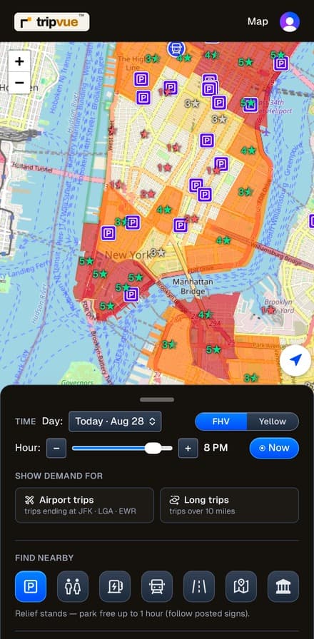 The map with relief-stand markers and the Find nearby chips — park free up to one hour